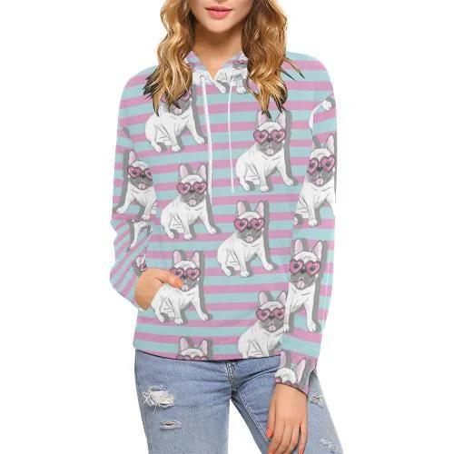 Bulldog Heart Sunglasses Pattern Print Women Pullover Hoodie